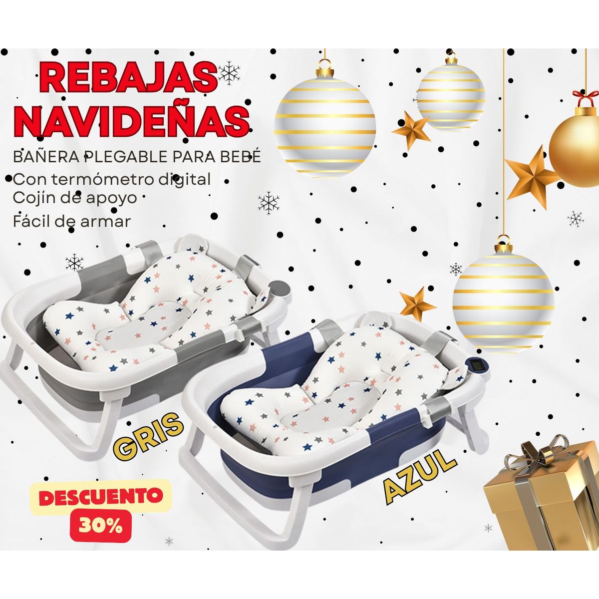 MUNDO BEBE - BAÑERA BEBES CON TERMOMETRO PLEGABLE MODELO 2026 CON DESAGUE AZUL