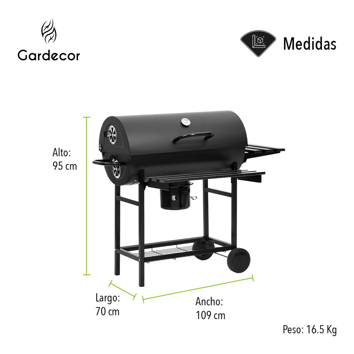 STAY ELIT - ASADOR TIPO BARRIL A CARBON NEGRO PORTATIL CON ADITAMENTOS