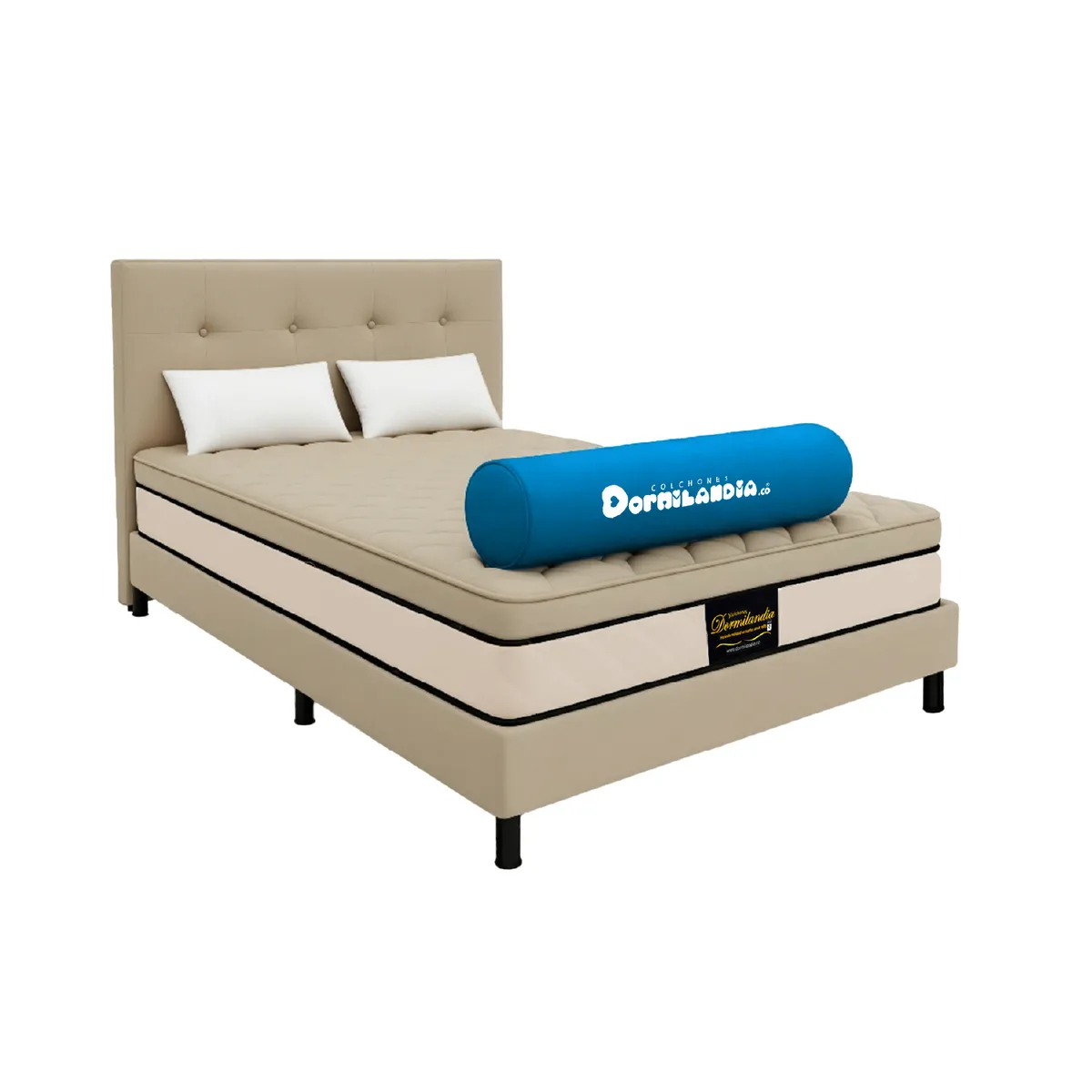 DORMILANDIA - Mega Combo Colchón Dublín Doble Arena Resortado Enrollado Más Base Cama, Cabecero y 2 Almohadas