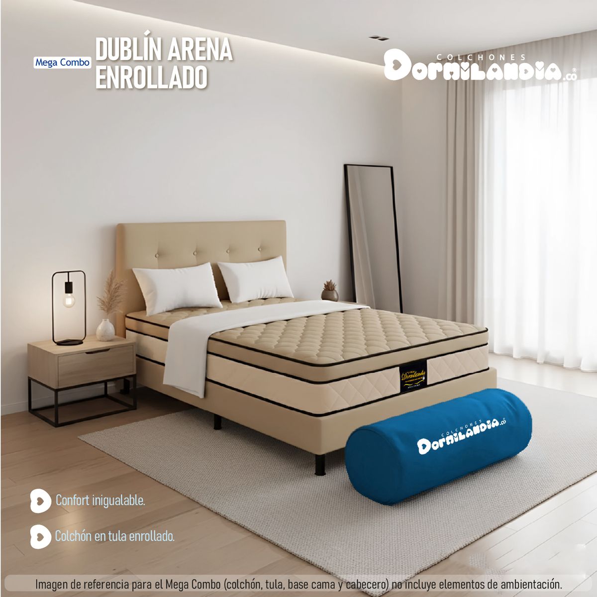 DORMILANDIA - Mega Combo Colchón Dublín Doble Arena Resortado Enrollado Más Base Cama, Cabecero y 2 Almohadas