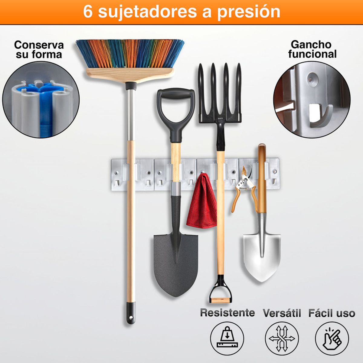 ENERGY PLUS - Porta Escobas y Traperos a Presión - 4 Sujetadores 8 Ganchos