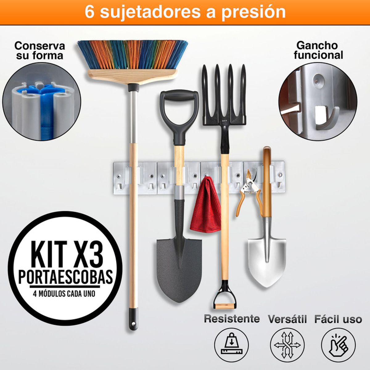 ENERGY PLUS - Set X3 Porta Escobas y Traperos -4 Sujetadores 8 Ganchos CU