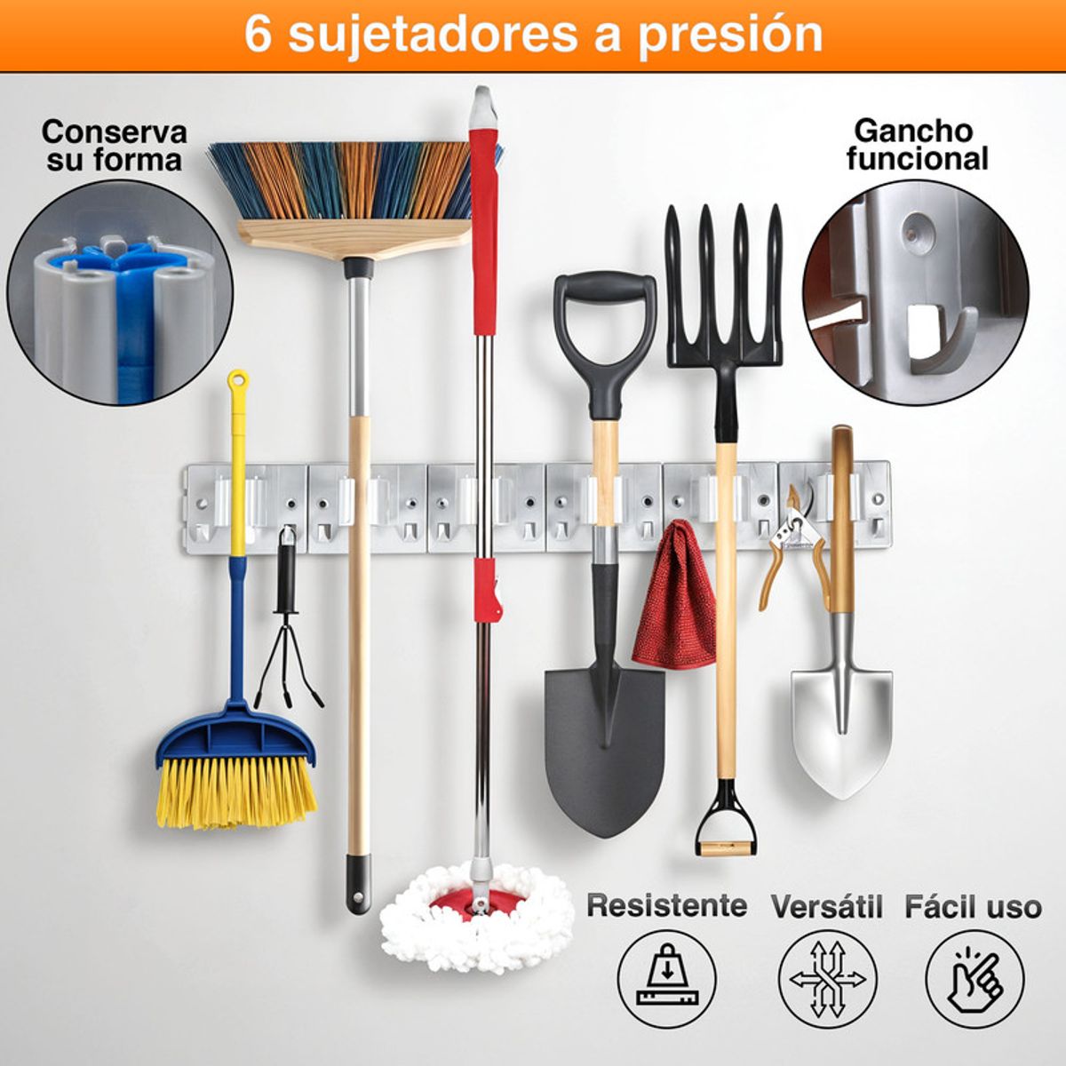 ENERGY PLUS - PortaEscobas y Traperos a Presión - 6 Sujetadores 12 Ganchos