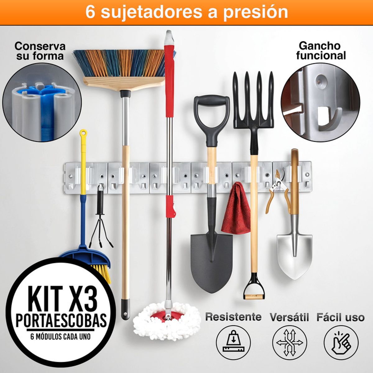 ENERGY PLUS - Set x3 PortaEscobas y Traperos -6 Sujetadores 12 Ganchos CU