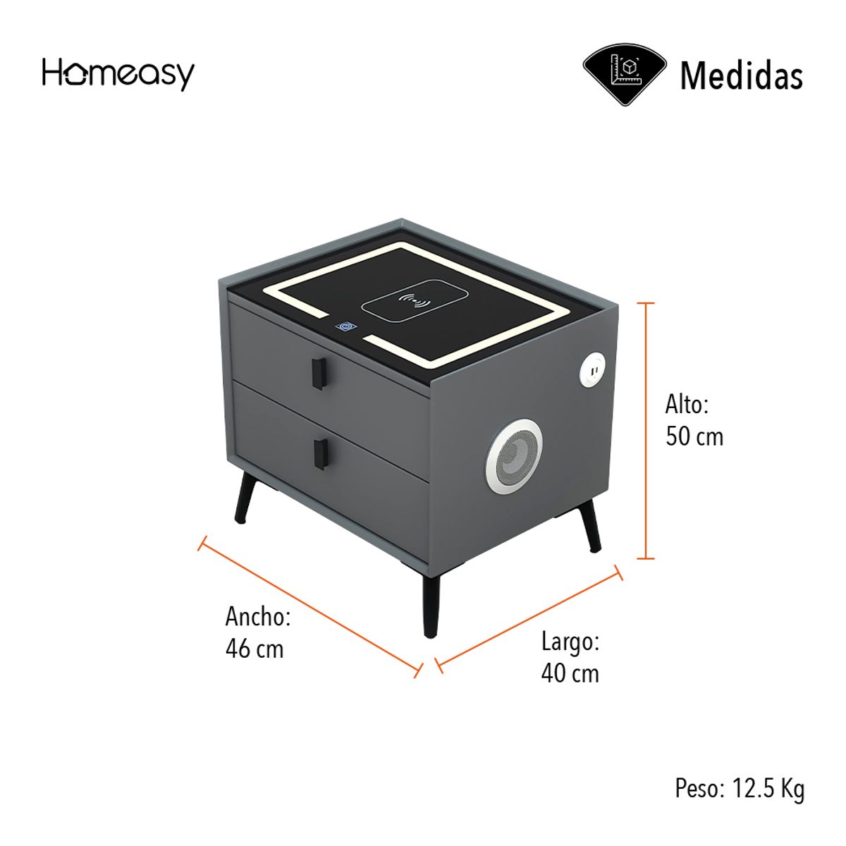 STAY ELIT - Mesa Buró Mueble Inteligente Con Iluminación Y Cargador Usb Acabado Mdf Color Gris Oscuro