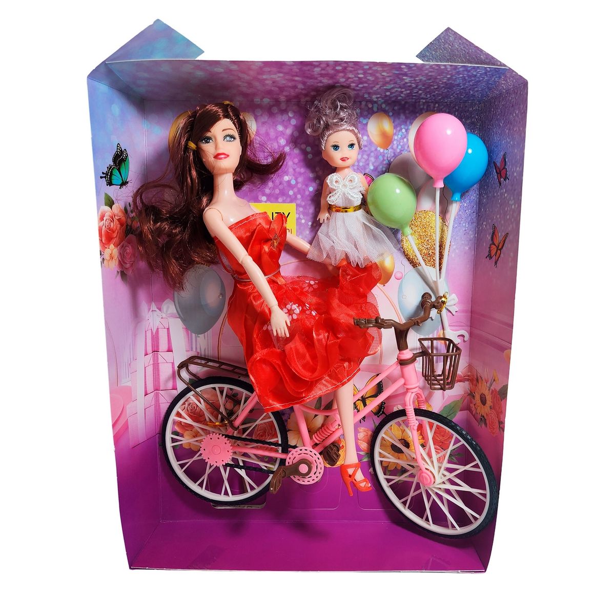 GENERICO - Muñeca Con Hija En Bicicleta + Globos De Juguete Niñas