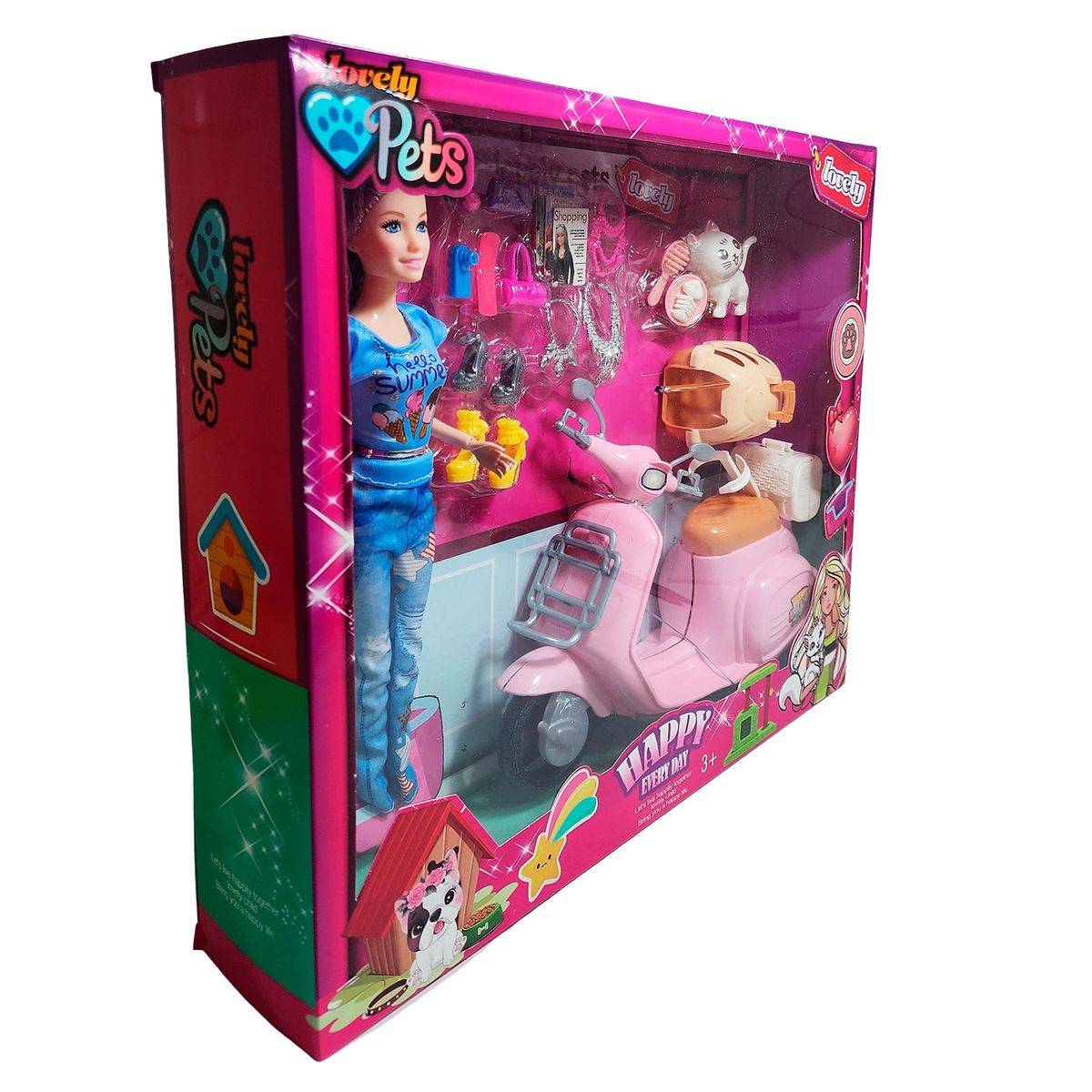 GENERICO - Muñeca Con Mascota Accesorios + Motocicleta De Juguete Niñas