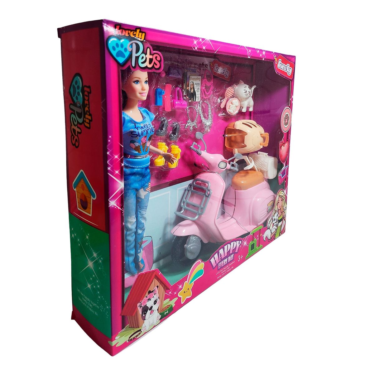 GENERICO - Muñeca Con Mascota Accesorios + Motocicleta De Juguete Niñas