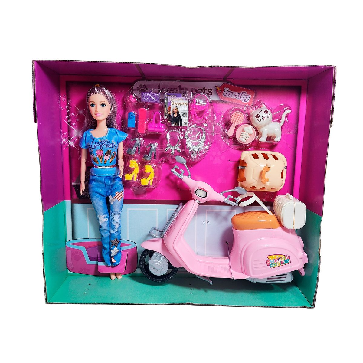 GENERICO - Muñeca Con Mascota Accesorios + Motocicleta De Juguete Niñas