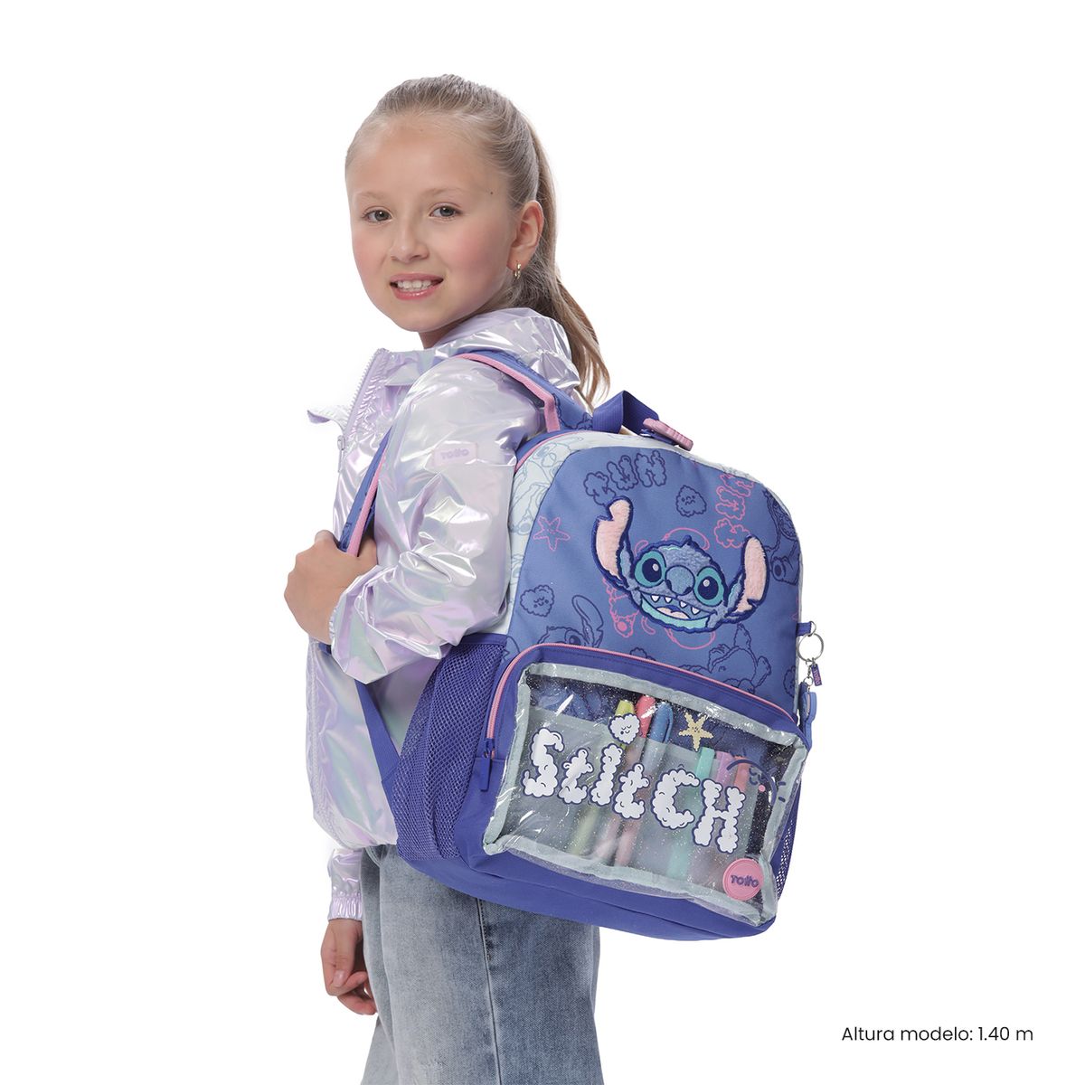 TOTTO - Morral Mochila Escolar Stitch On The Beach M Niña Azul Totto