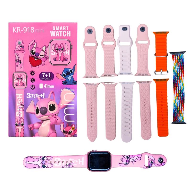 GENERICO - Reloj Inteligente para Niñas KR-918 Mini  Stitch Rosado   Con 7 Correas Intercambiables