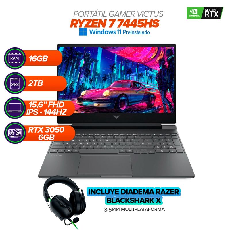 HP - Portátil Gamer Victus / Ryzen 7 7445HS / RTX 3050 6GB / 16GB RAM / 2TB SSD / 15.6″ + Diadema Razer