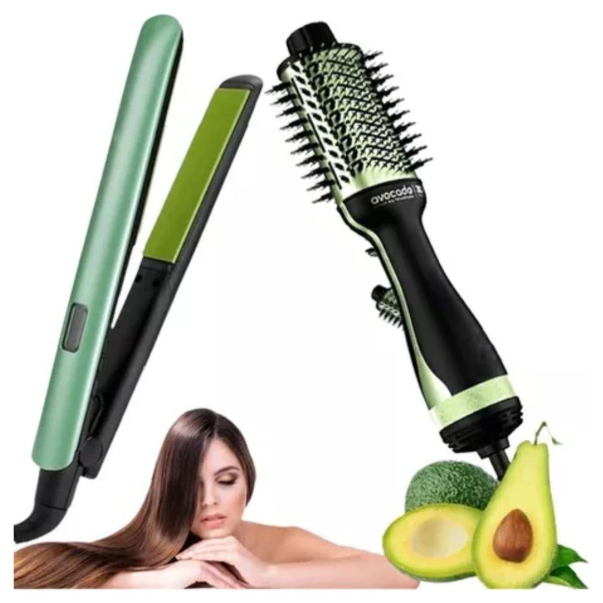 GENERICO - Kit Cepillo Secador Plancha Aguacate Profesional 2 en 1