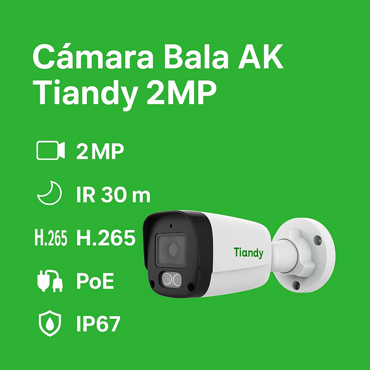 GENERICO - Cámara Bala Tiandy AK 2MP Color Maker IR 30m Luz Blanca H265 PoE IP67