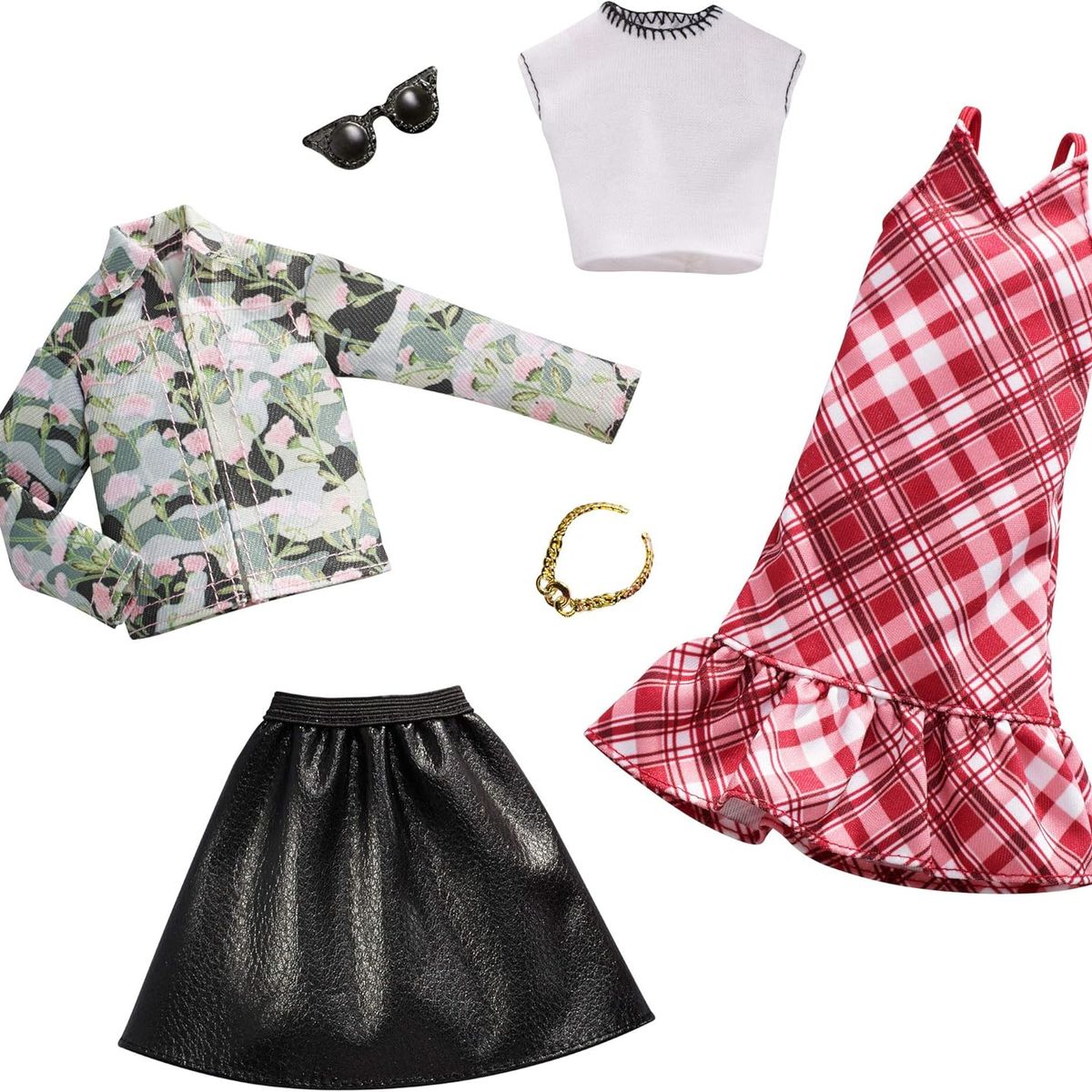 BARBIE - Ropa Barbie - 2 Conjuntos para Muñeca Chaqueta Floral y Falda de Cuero Regalo para 3-8 Años