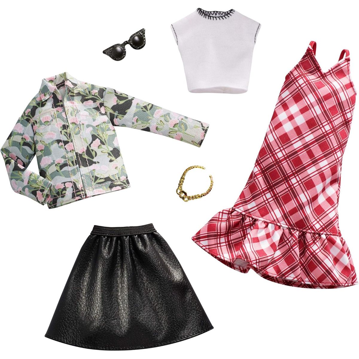 BARBIE - Ropa Barbie - 2 Conjuntos para Muñeca Chaqueta Floral y Falda de Cuero Regalo para 3-8 Años