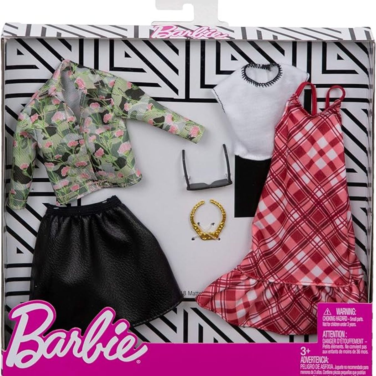 BARBIE - Ropa Barbie - 2 Conjuntos para Muñeca Chaqueta Floral y Falda de Cuero Regalo para 3-8 Años