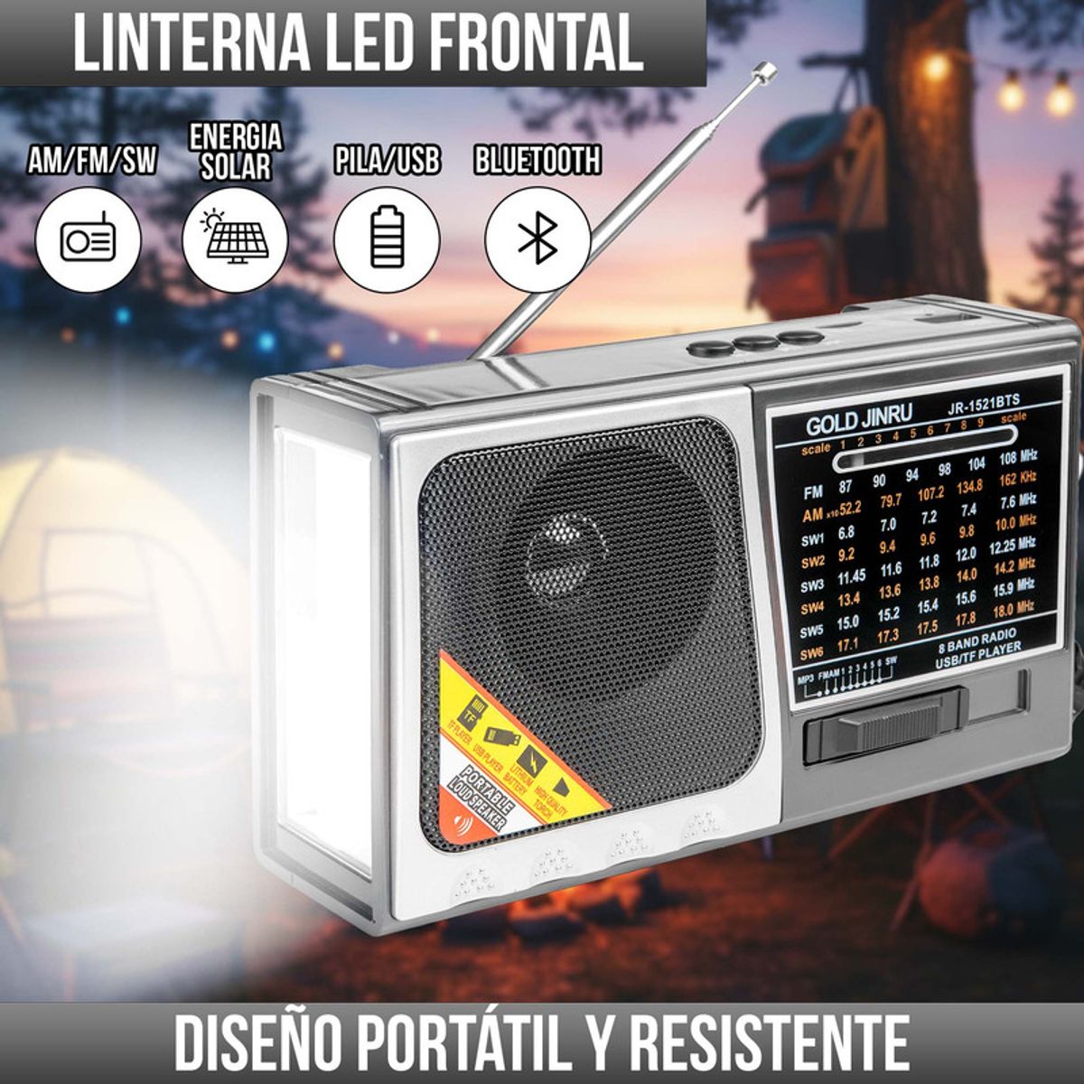 ENERGY PLUS - Radio Solar Recargable AMFMSW 8 Bandas USB Bluetooth LED