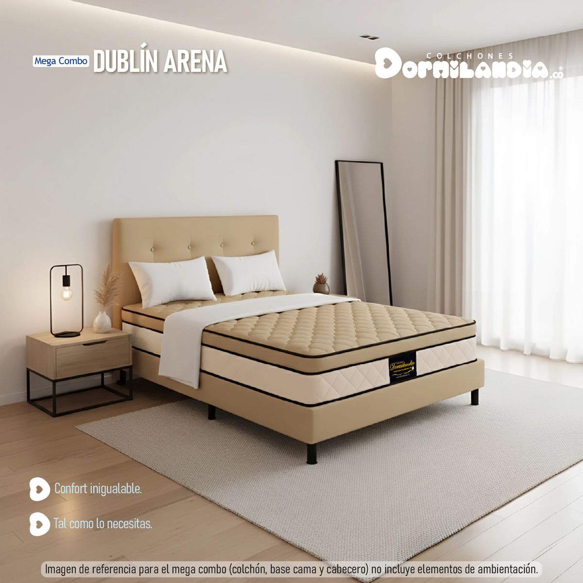 DORMILANDIA - Mega Combo Colchón Dublín King Arena Resortado más Base Cama Dividida, Cabecero y 2 Almohadas