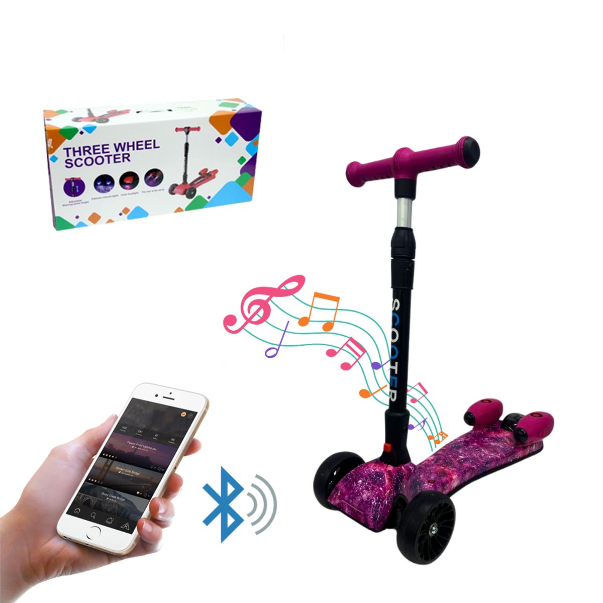 BABY ON - Patineta Scooter Con Humo Para Niños Bluetooth Luces Rosada
