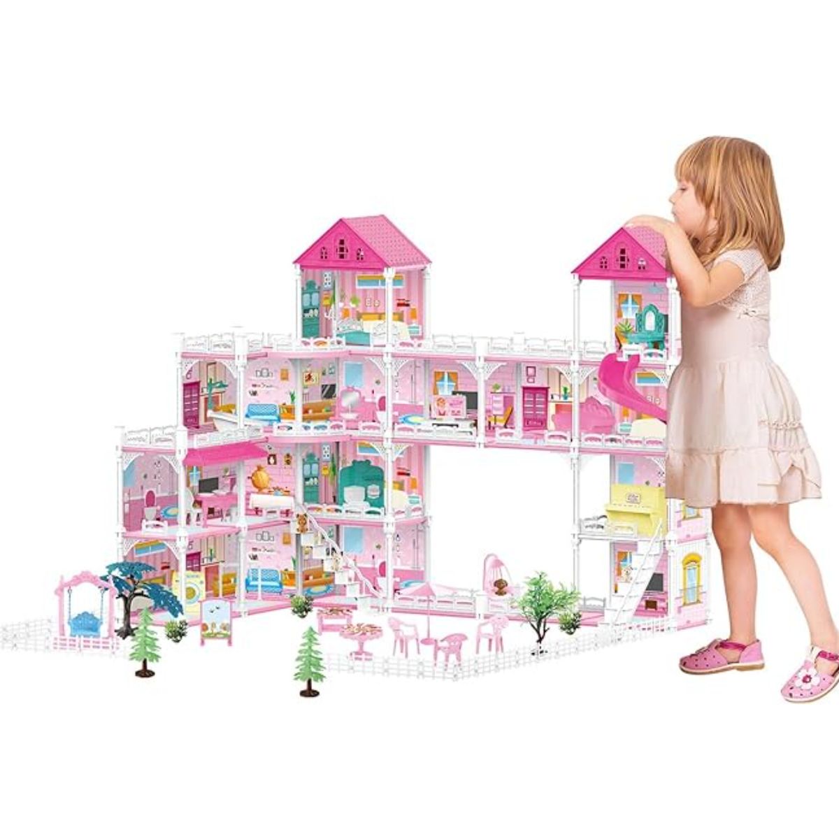 GENERICO - Casita De Muñecas Grande Armable 4 Pisos Y 15 Habitaciones - Rosa