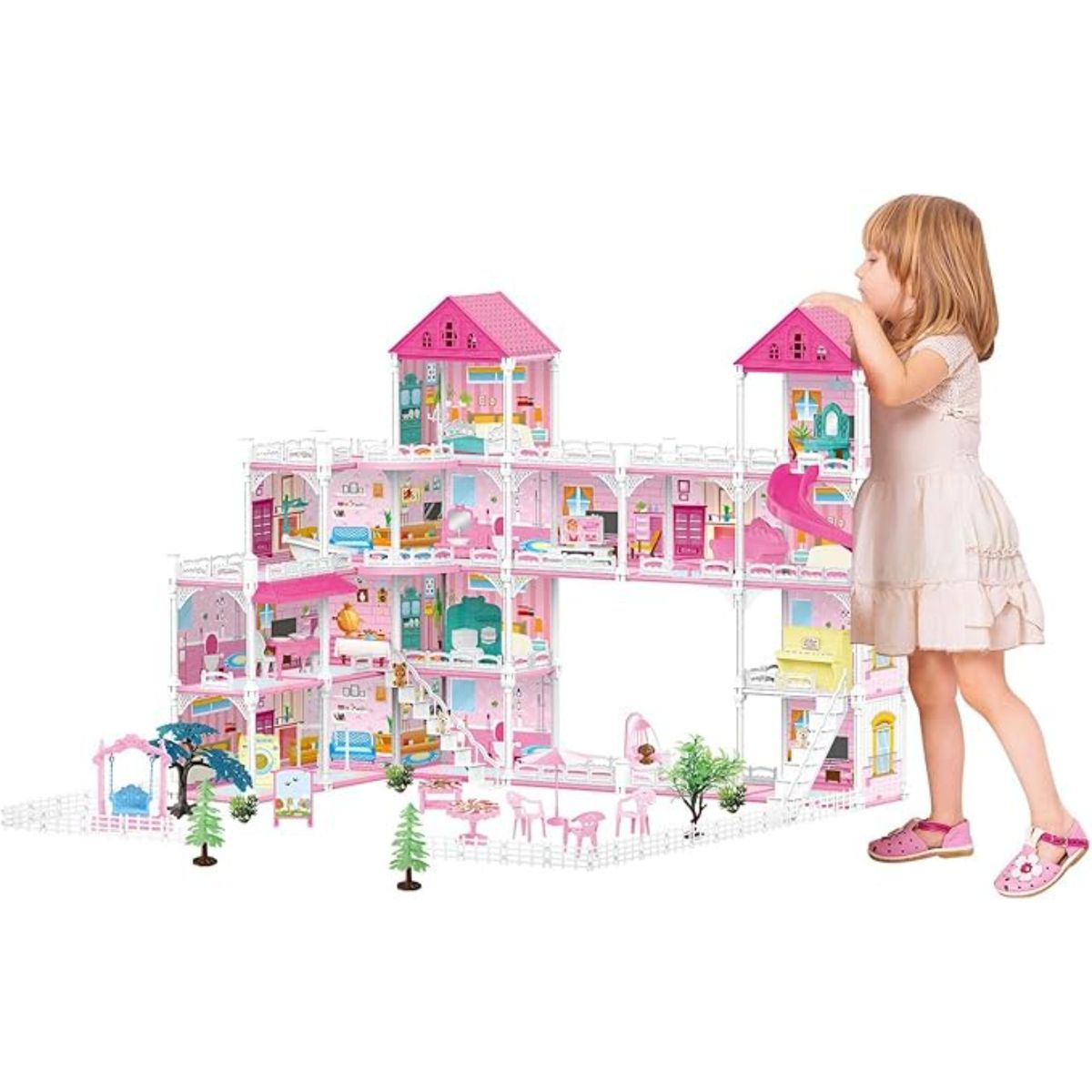 GENERICO - Casita De Muñecas Grande Armable 4 Pisos Y 15 Habitaciones - Rosa