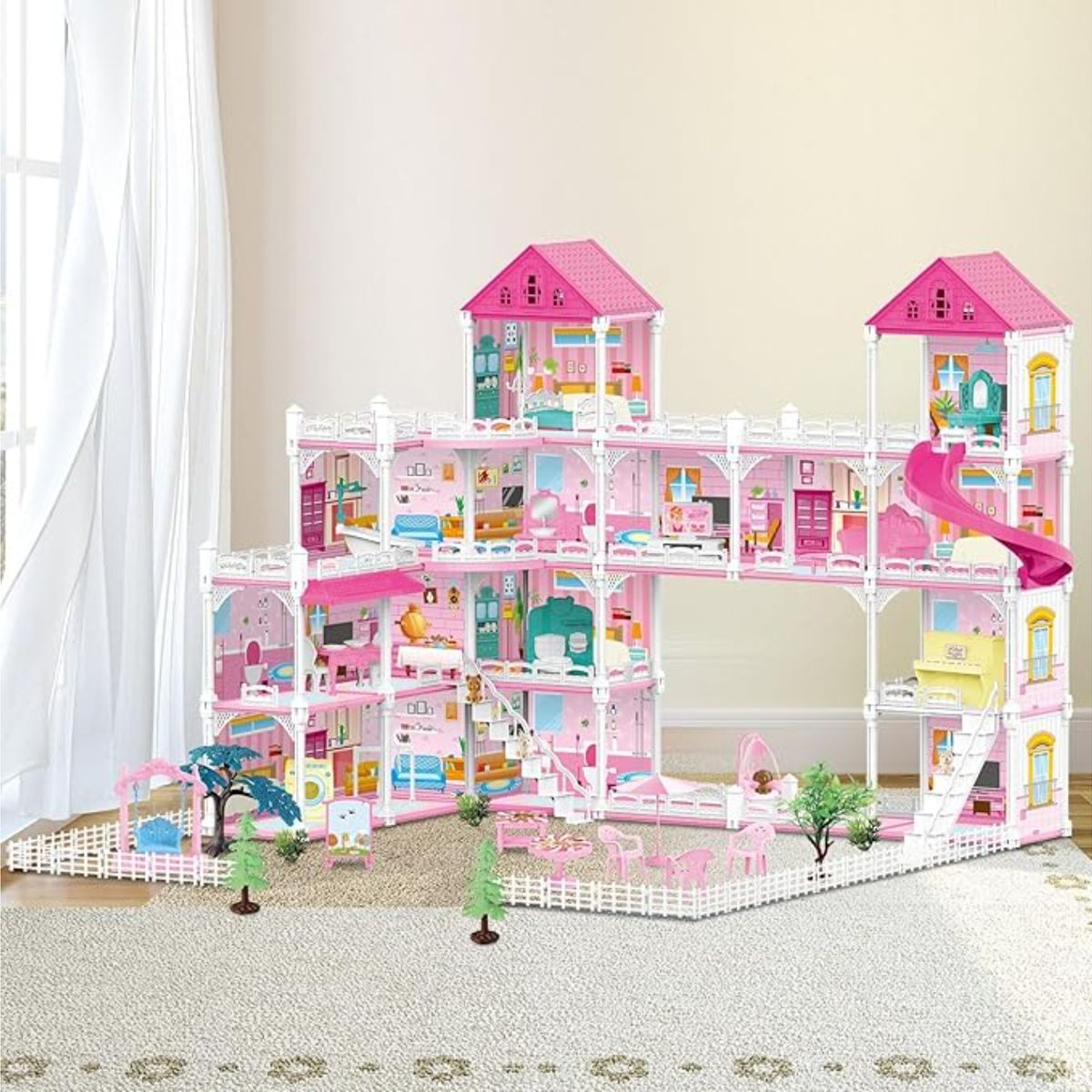 GENERICO - Casita De Muñecas Grande Armable 4 Pisos Y 15 Habitaciones - Rosa