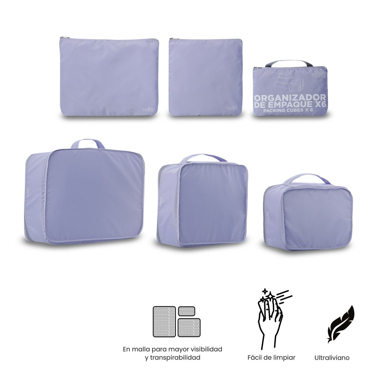 TOTTO - Combo X 6 Bolsas Organizador Viaje Packing Cube Morado Totto