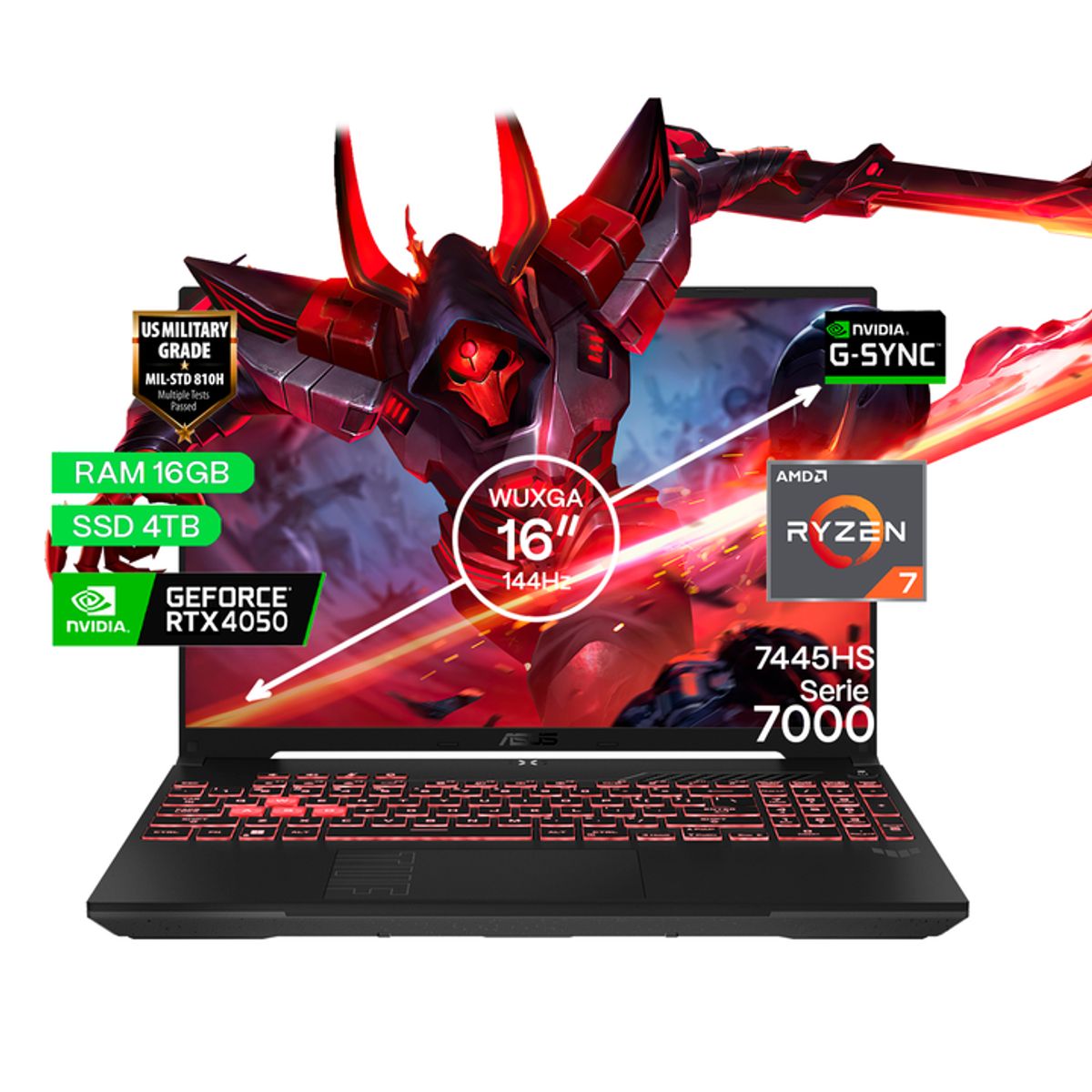 ASUS - Portátil Gamer Asus TUF A16 AMD Ryzen 7 RAM 16GB SSD 4TB RTX 4050 6GB  FHD 144 Hz