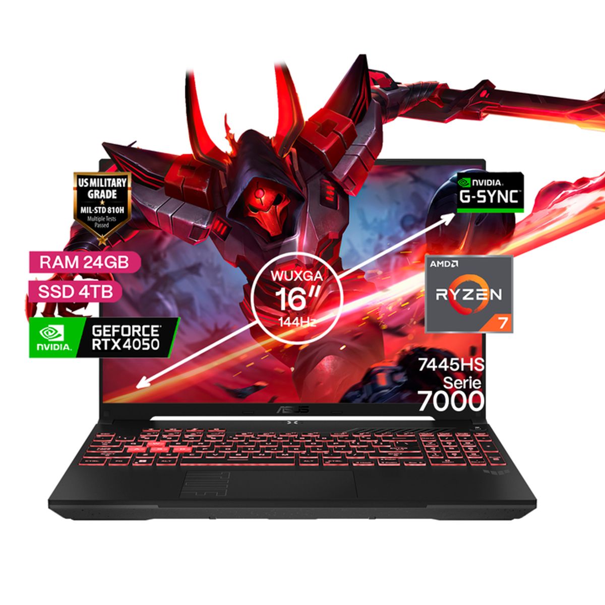 ASUS - Portátil Gamer Asus TUF A16 AMD Ryzen 7 RAM 24GB SSD 4TB RTX 4050 6GB  FHD 144 Hz