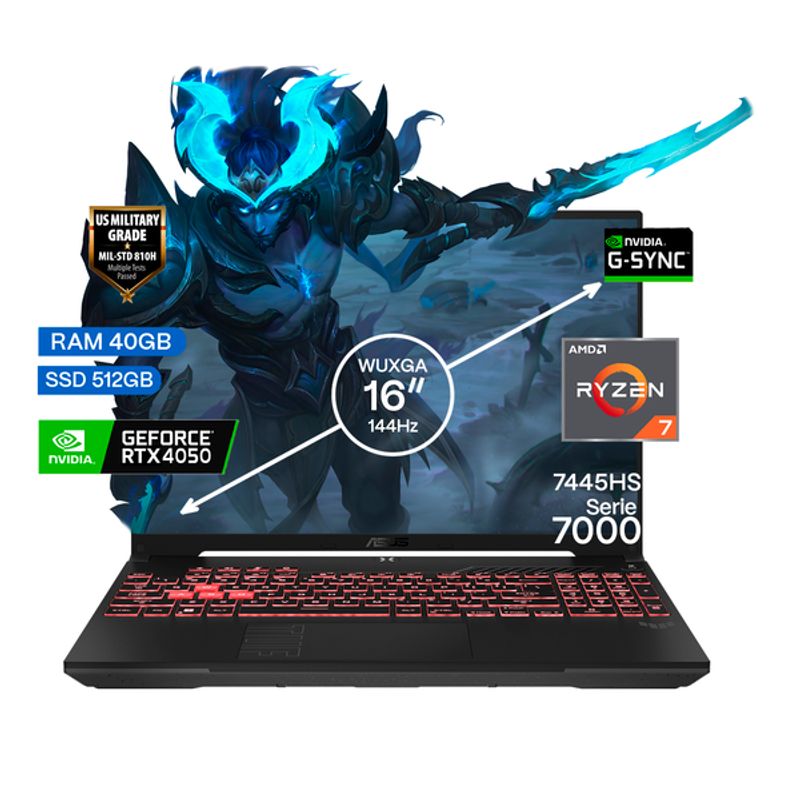 ASUS - Portátil Gamer Asus TUF A16 AMD Ryzen 7 RAM 40GB SSD 512GB RTX 4050 6GB  FHD 144 Hz