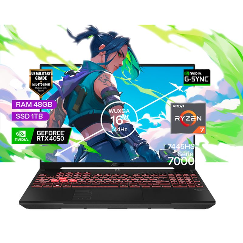ASUS - Portátil Gamer Asus TUF A16 AMD Ryzen 7 RAM 48GB SSD 1TB RTX 4050 6GB  FHD 144 Hz