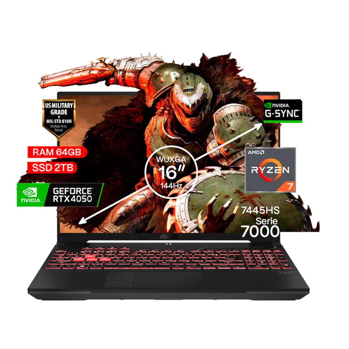 ASUS - Portátil Gamer Asus TUF A16 AMD Ryzen 7 RAM 64GB SSD 2TB RTX 4050 6GB  FHD 144 Hz