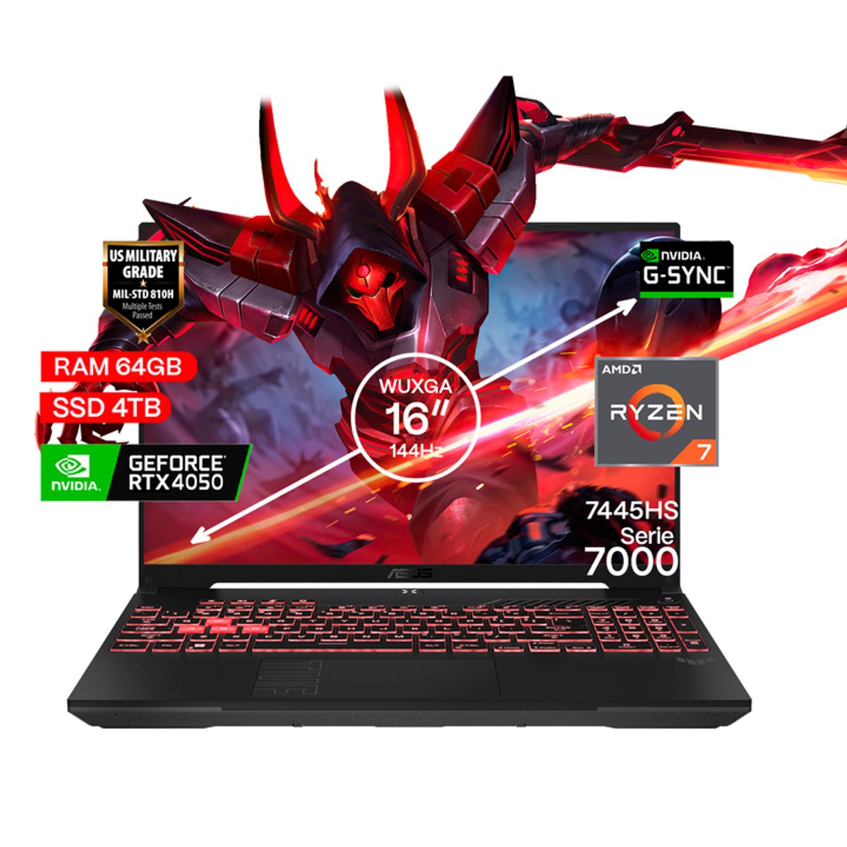 ASUS - Portátil Gamer Asus TUF A16 AMD Ryzen 7 RAM 64GB SSD 4TB RTX 4050 6GB  FHD 144 Hz