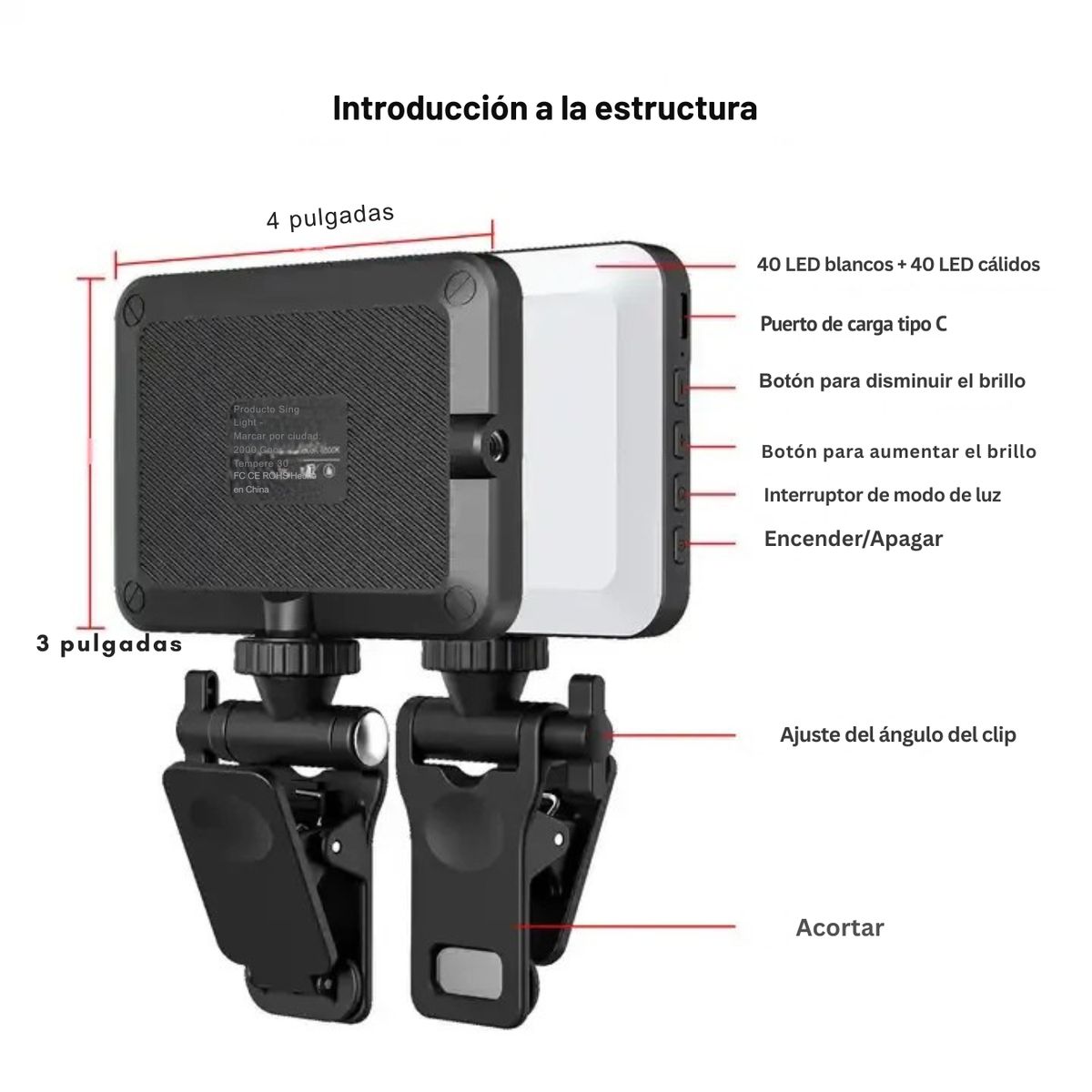 GENERICO - Luz Led Selfie Portátil  con Clip Para Celular y Tablet Video