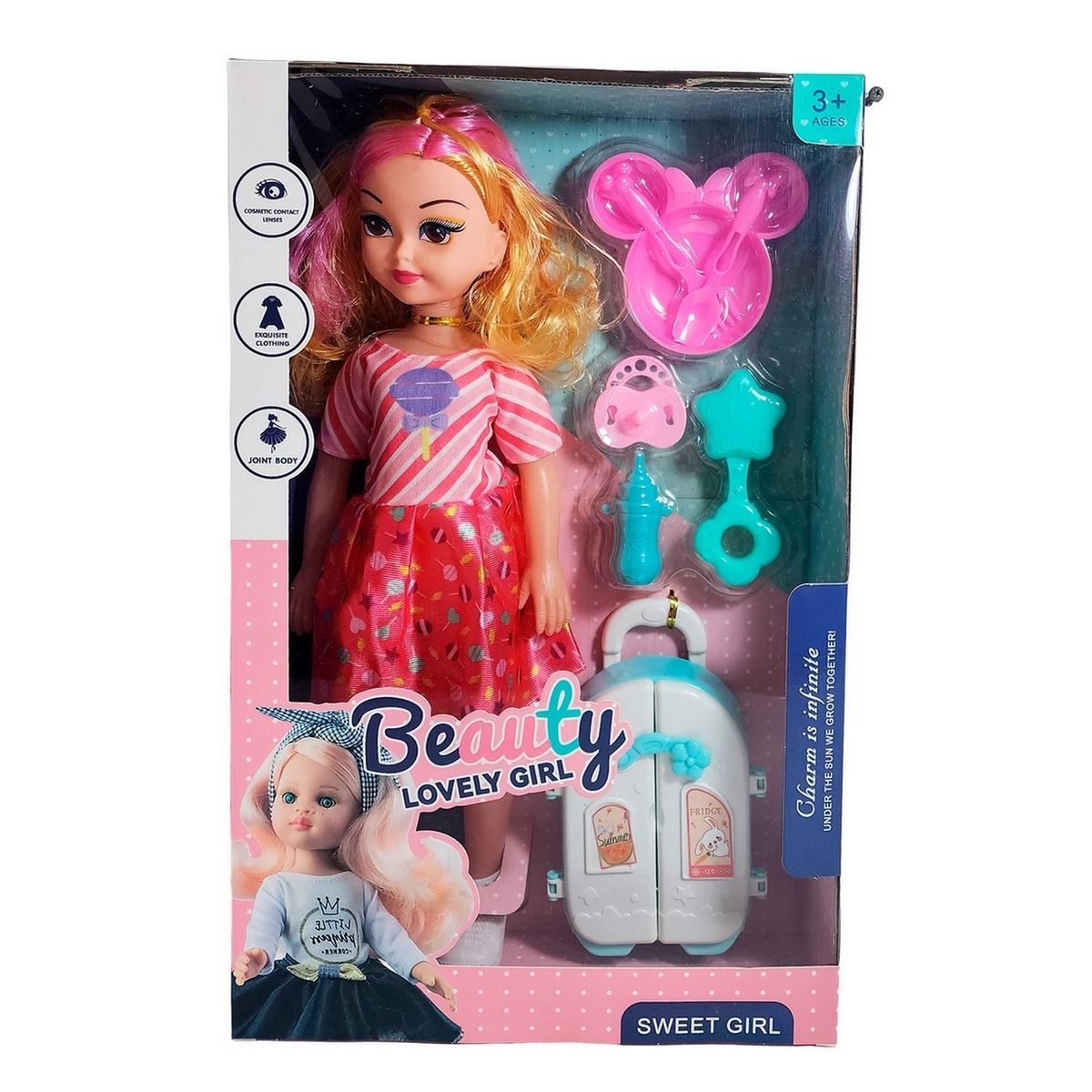 GENERICO - Muñeca Con Vestido Maleta + Accesorios De Juguete Niñas