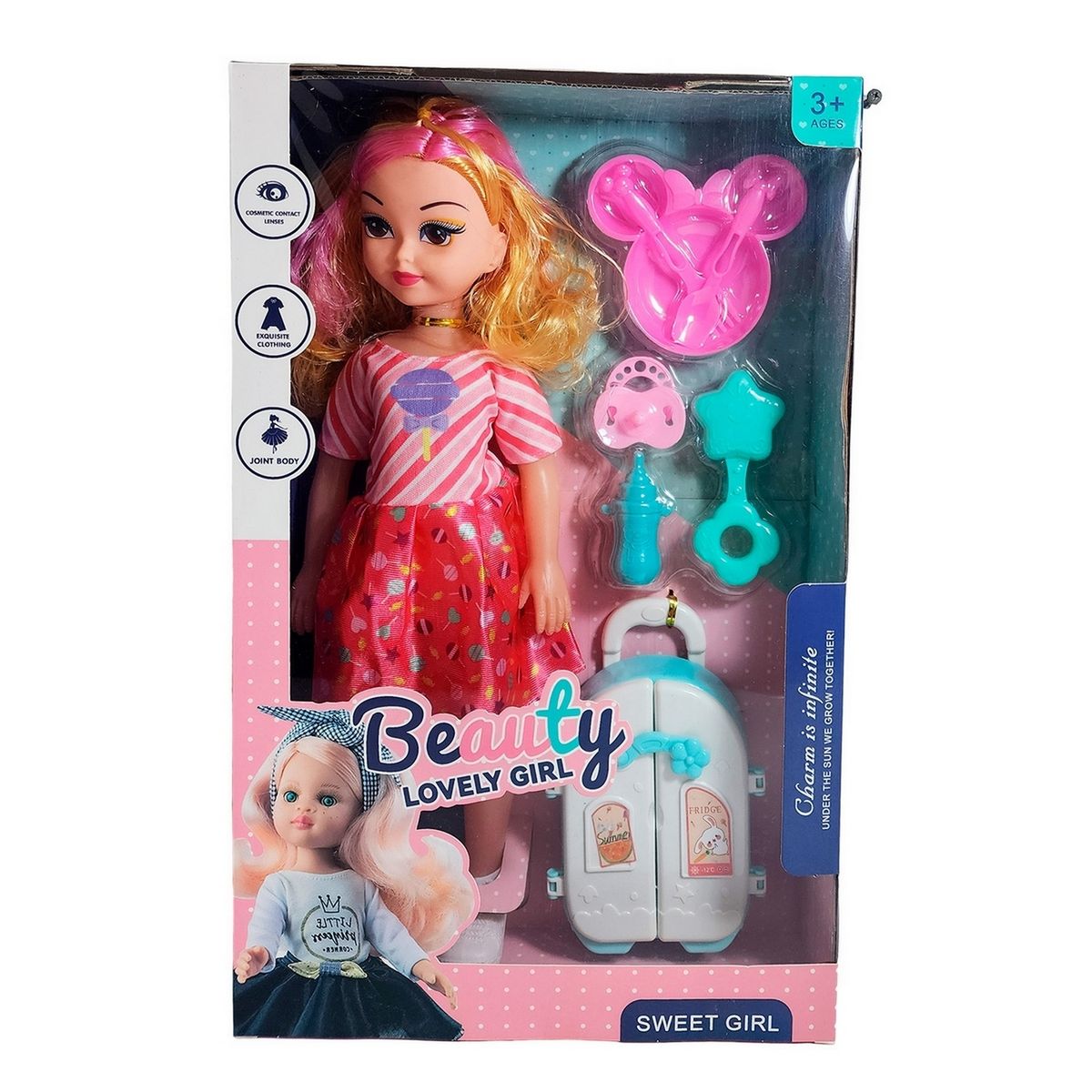 GENERICO - Muñeca Con Vestido Maleta + Accesorios De Juguete Niñas