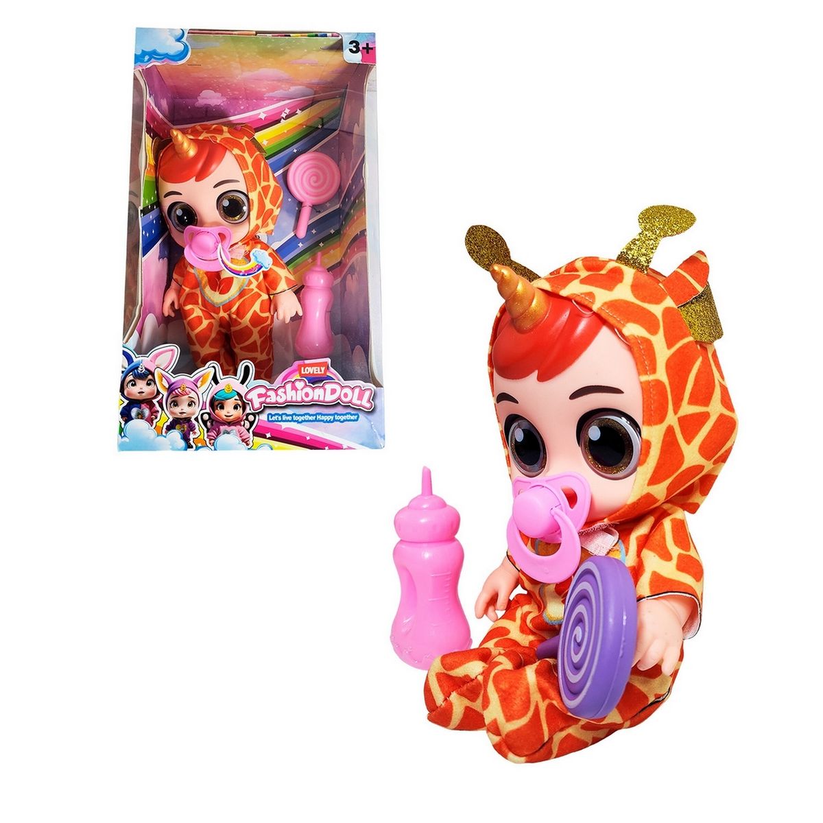 GENERICO - Muñeca Bebe Unicornio Con Vestido + Tetero Y Paleta