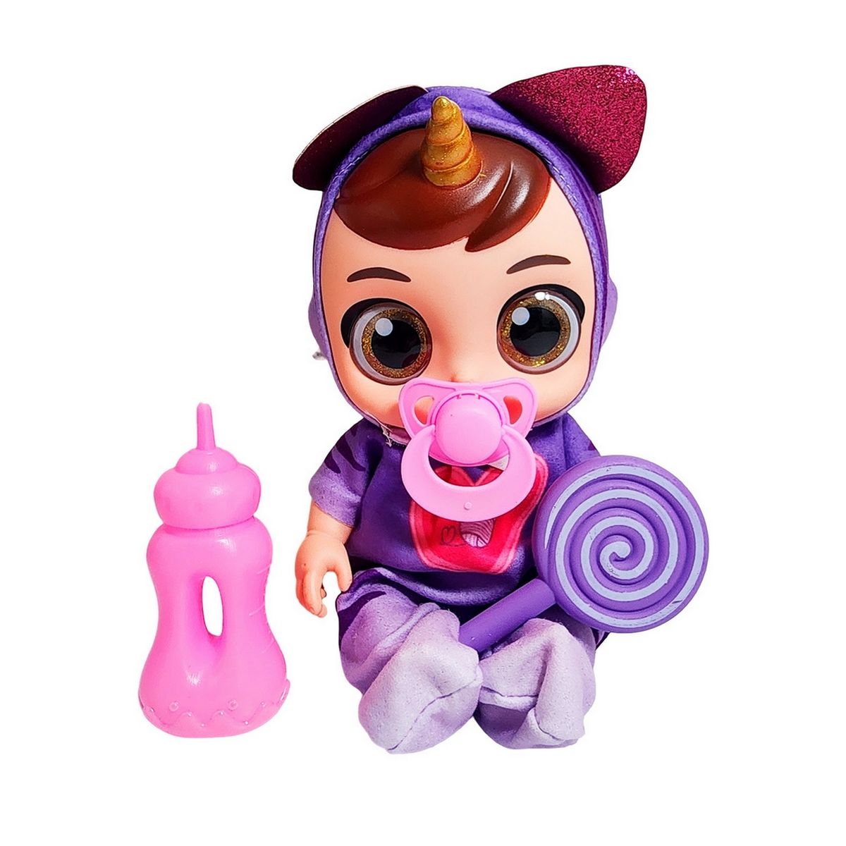 GENERICO - Muñeca Bebe Unicornio Con Vestido + Tetero Y Paleta