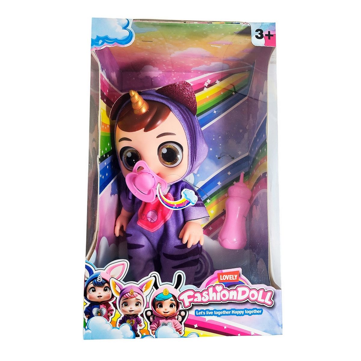 GENERICO - Muñeca Bebe Unicornio Con Vestido + Tetero Y Paleta