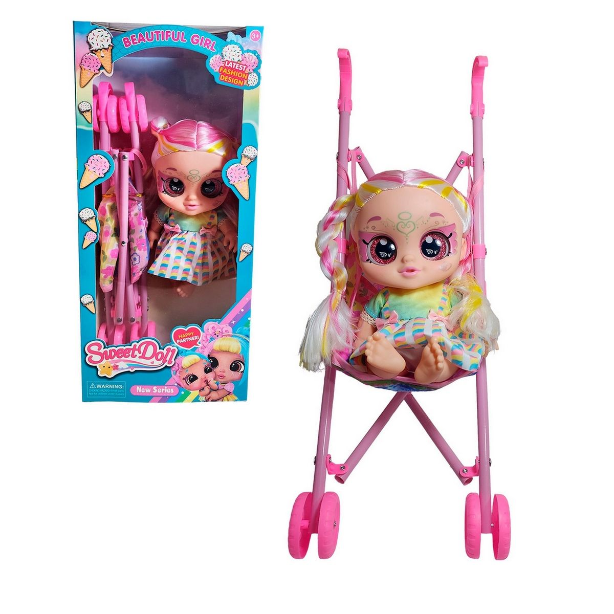 GENERICO - Muñeca Bebe Ojos Expresivos + Coche Juguete Niñas