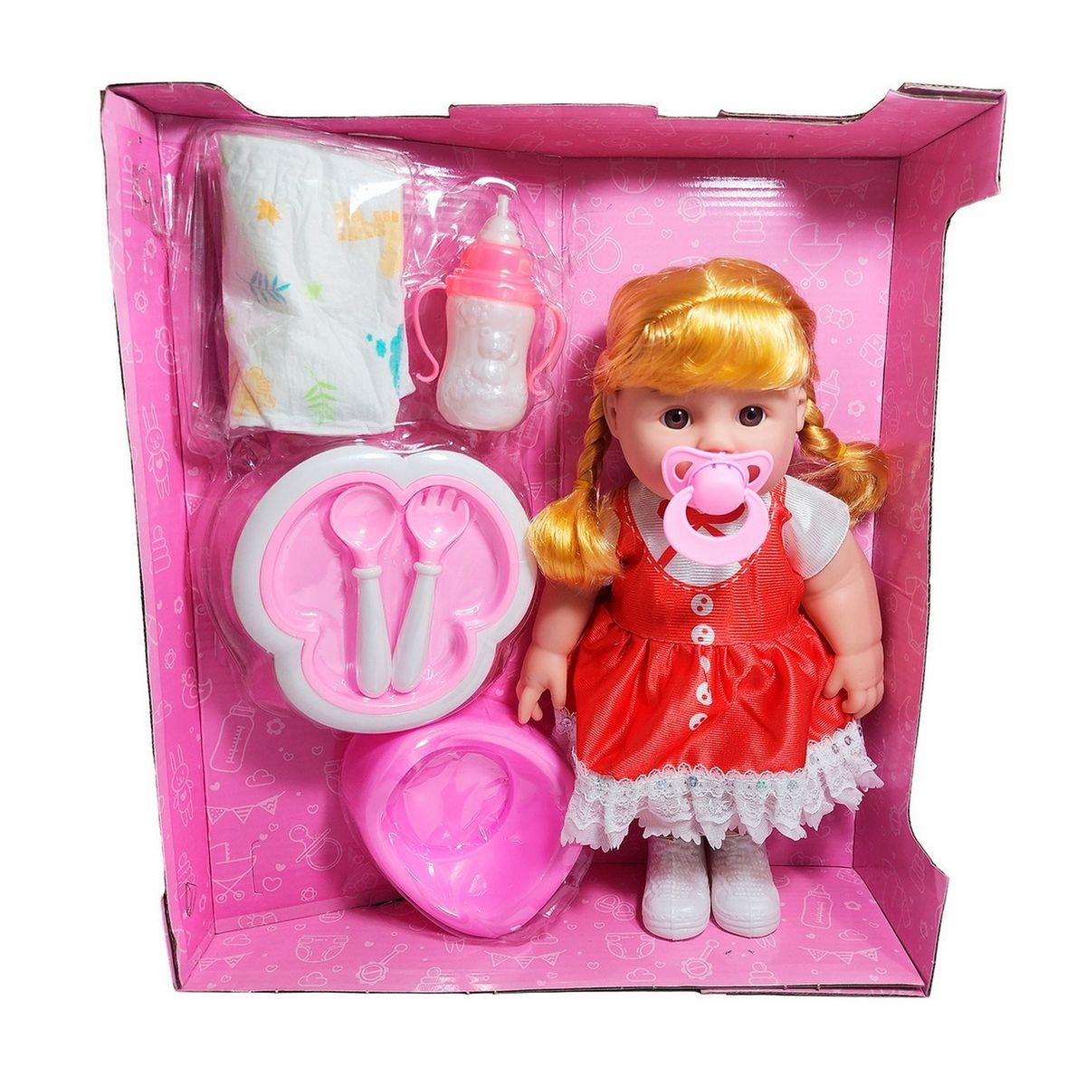 GENERICO - Muñeca Bebe Vestido + Utencilios Pañal Tetero Juguete Niñas