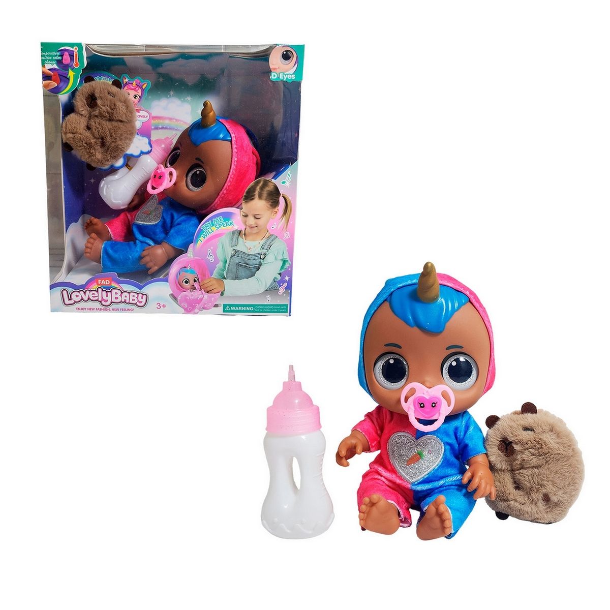 GENERICO - Muñeca Ojos Expresivos Con Tetero + Peluche Capibara Juguete