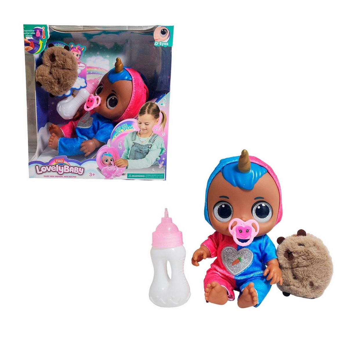 GENERICO - Muñeca Ojos Expresivos Con Tetero + Peluche Capibara Juguete