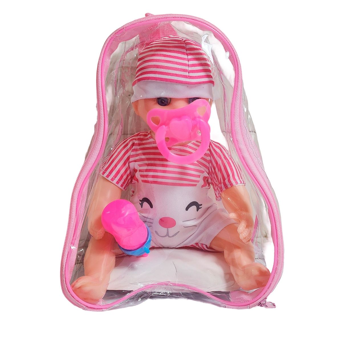 GENERICO - Muñeca Con Vestido Raya Bebe Tetero En Bolso Juguete Niñas