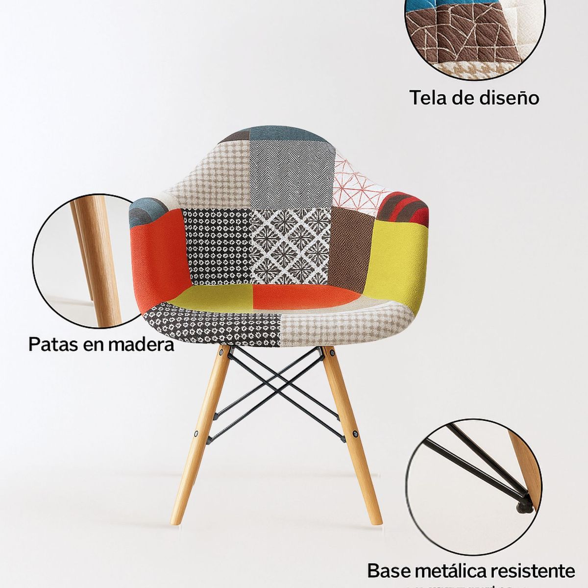 ENTRE NOS HOME - Silla Comedor Arcoíris Patchwork Diseño Eames con Brazos