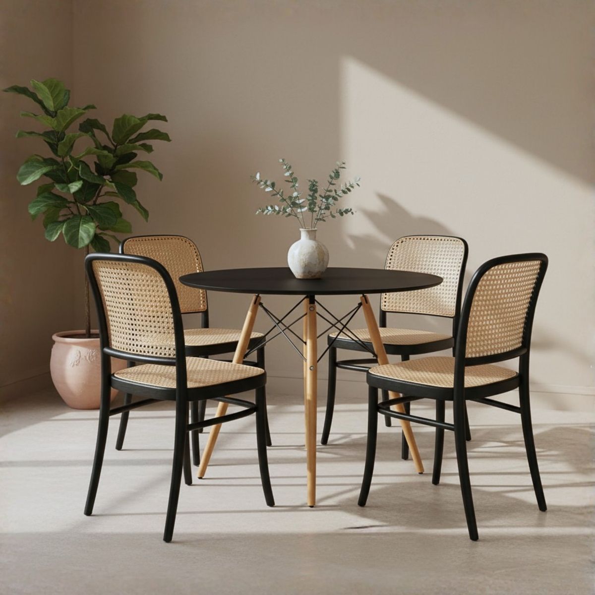 ENTRE NOS HOME - Juego Comedor Serena 4 Puestos Mesa Redonda Negra y Sillas Estilo Ratán