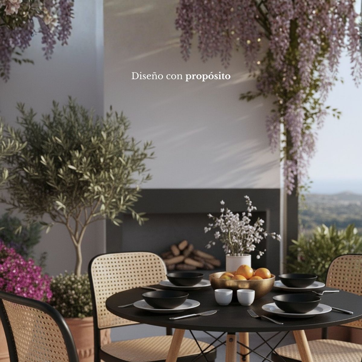 ENTRE NOS HOME - Juego Comedor Serena 4 Puestos Mesa Redonda Negra y Sillas Estilo Ratán