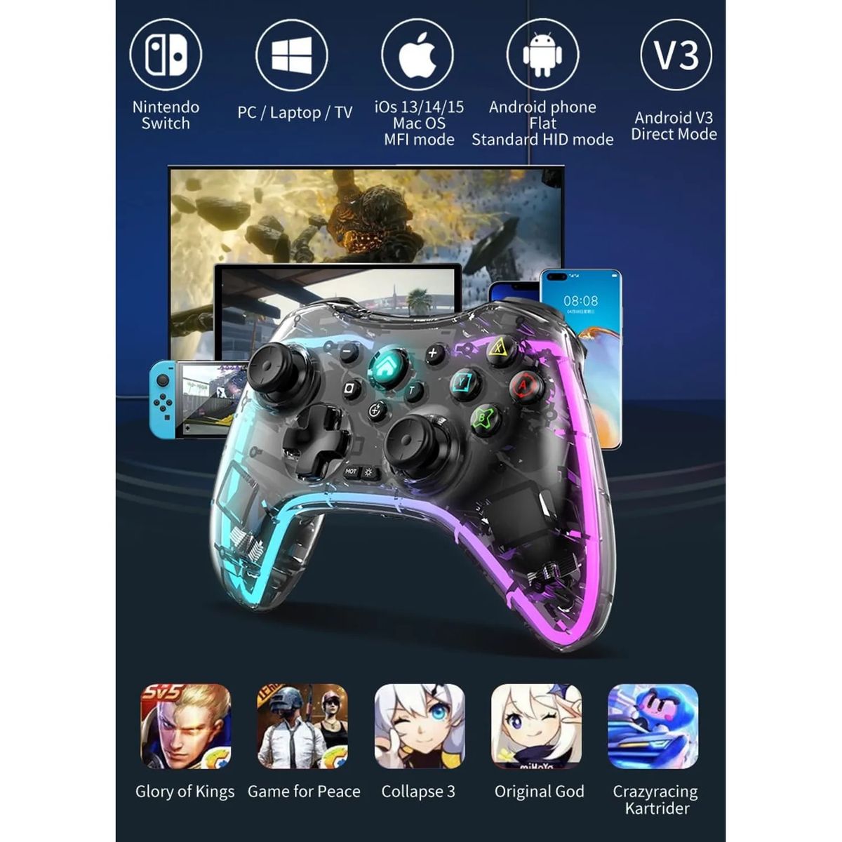 AMERICAN GENERICS - Control Inalámbrico LH3 Transparente  Compatible con PS4 Celular y PC
