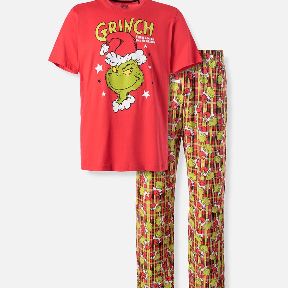 MIC - Pijama de Grinch con pantalón largo rojo para hombre